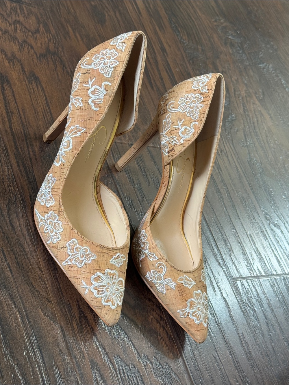 Jessica Simpson Tan Embroidered Pointed-Toe Stiletto Heels
